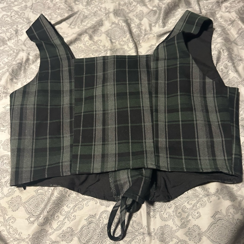 Disturbia Black and Green Plaid Lace-Up Blouse - Picture 2 of 2